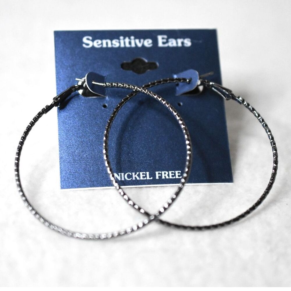 NWT Large 2.5" Twisted Black Gunmetal Latch Back Goth Punk Grunge Hoop Earrings
